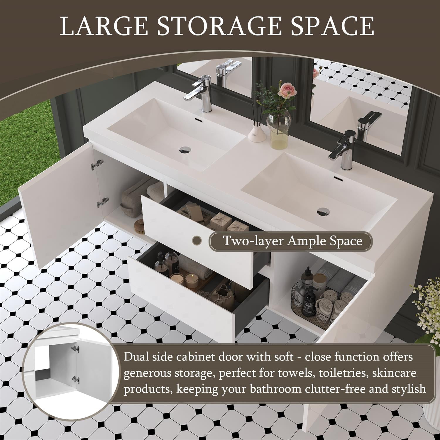 Demi Bonn 60" Floating Bathroom Vanity with Sink, Double Resin Top Basin and 2 Soft Close Drawers, 2 Storage Cabinet, Faucets and Drains Not Included, White