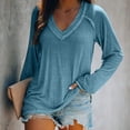 thumbnail image 2 of Mujeres Casual V cuello manga larga Top empalme mujer manga larga camiseta para mujeres niñas azul M, 2 of 4