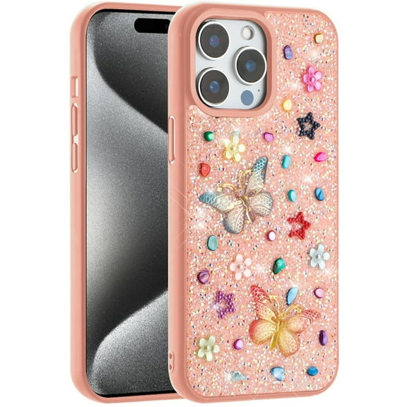 For Apple iPhone 15 Pro Max Diamond Butterfly 3D Glitter Bling Design, Slim Hybrid Sparkle Protective Cover TPU for Women Girls Cover, XPM Phone Case [Light Pink]