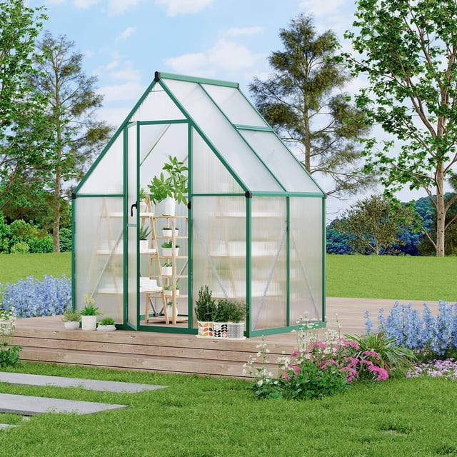 Serre en Polycarbonate à Entrée Piétonne 6 X 4 Pi – Cadre en Aluminium Renforcé Robuste, Assemblage Rapide, Évent de Toit, Résistant aux Intempéries, Idéale pour Cour Arrière, Patio