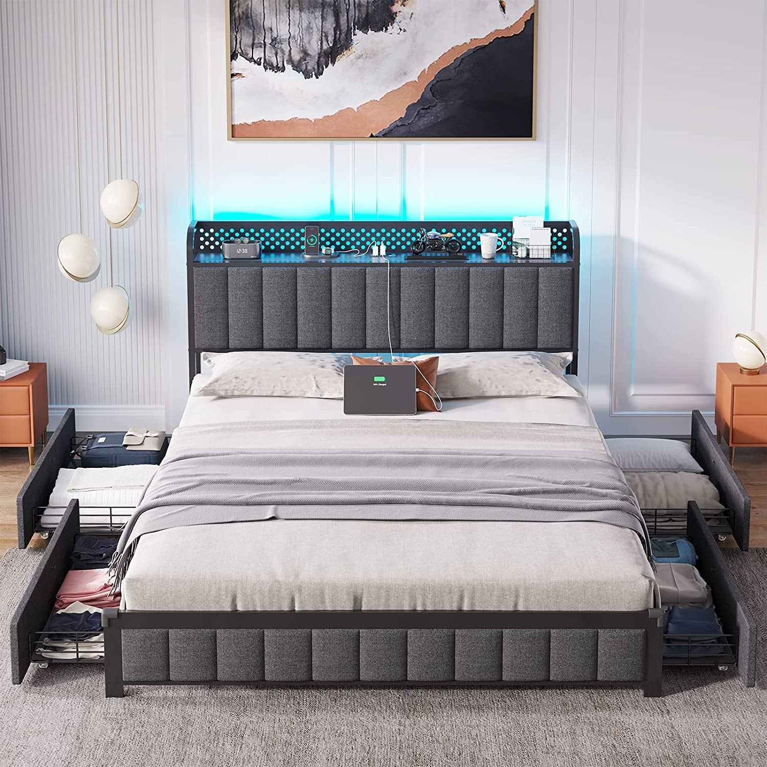ADORNEVE Floating Queen Bed Frame With RGB LED Lights, Metal Floating Platform Queen Bed, Under Bed Storage, Stable Structure,No Box Spring Needed, Easy Assembly,Vintage Brown & Black