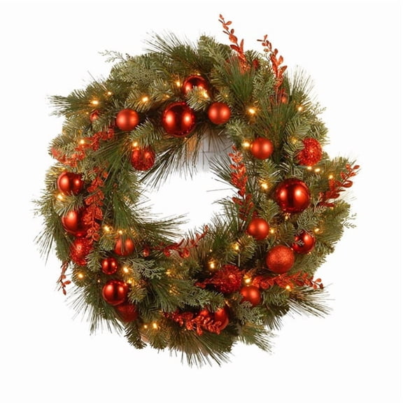 Christmas Wreaths with Lights, 19.69" Plastic Christmas Wreaths with Berries Red Balls Pine Cones Norfolk Pine Ornaments, Wreaths for Front Door Decor, Wreaths for Christmas Door Decorations