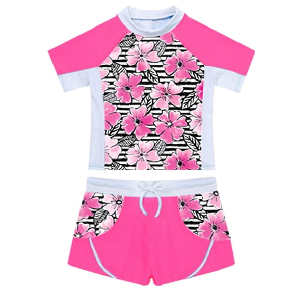 inhzoy Kids Girls Rash Guard Swim Shirt Tankini Bikini Set Shorts Floral Pink 6