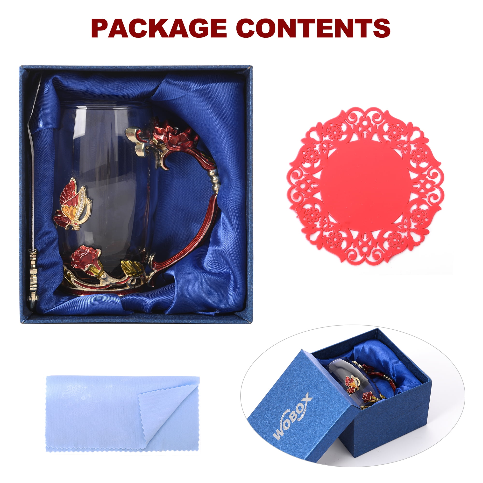 Glass Coffee Cup Tea Mug & Gifts with Spoon Set Handmade Enamel Butterfly Rose Flower for Mothers Day Gift, Women (2 Red Pack)