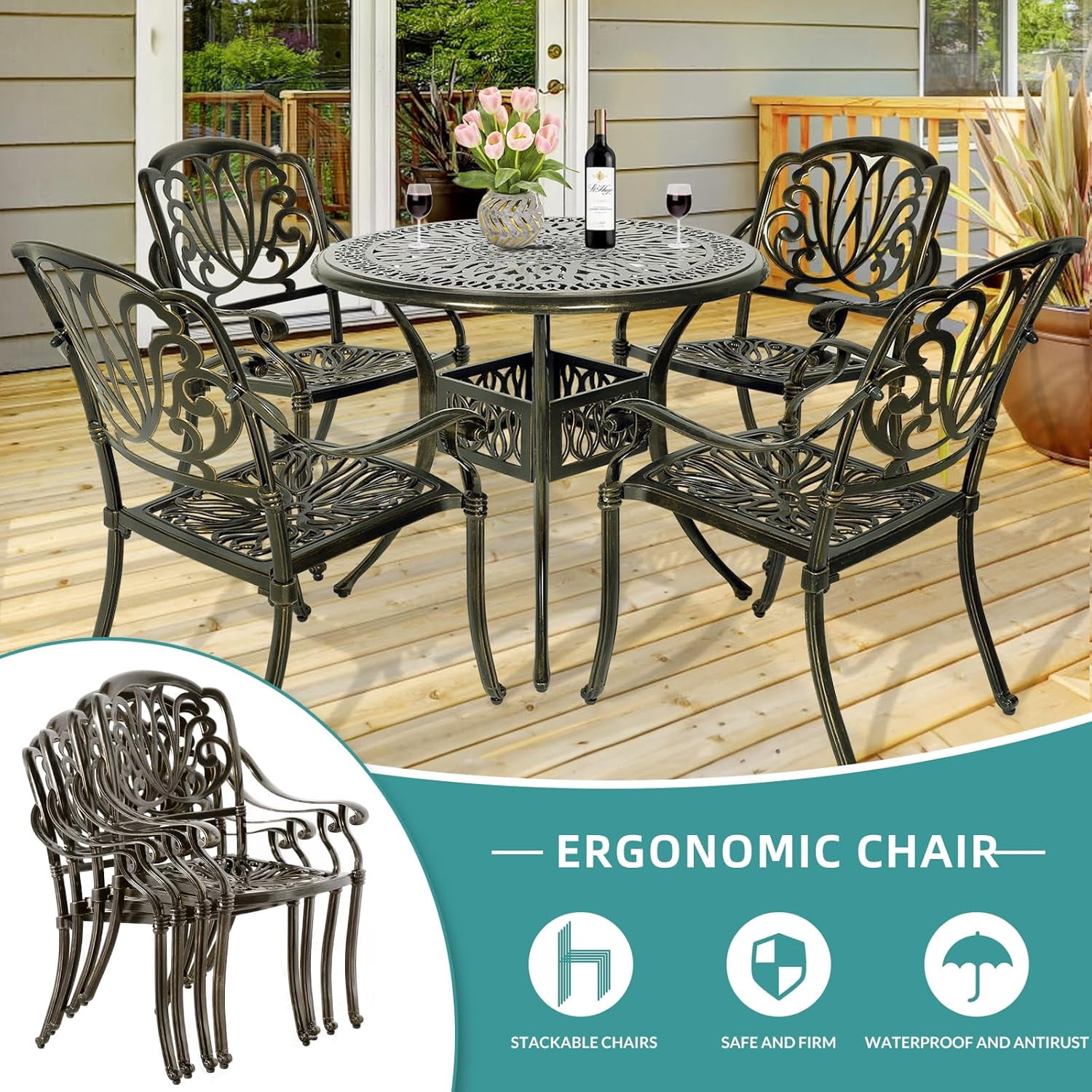 MEETWARM 5 Piece Patio Dining Set, Outdoor All-Weather Cast Aluminum Dining Table Set, Patio Furniture Set for Backyard Garden Deck, Include 4 Chairs and 1 Round Table with Umbrella Hole