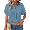 thumbnail image 6 of Yigetop Short Sleeve Button Down Women, Ladies' Casual Double Layer Wrinkled Short Sleeved Solid Color Cardigan Button Down Shirts for Women Light Blue 3XL, 6 of 8