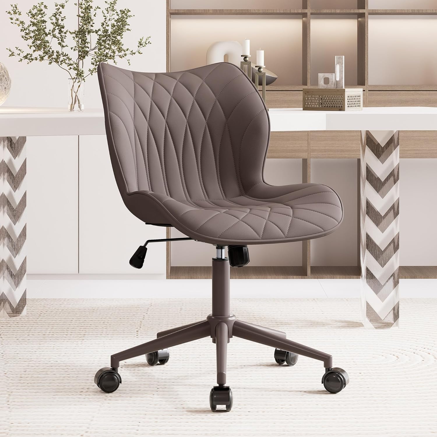 YOUNUOKE Armless Desk Chair  Office Chair with Wheels Home Ergonomic Task Chair Adjustable Computer Chairs Modern Faux Leather Swivel Chair Upholstered Makeup Vanity Chair with Back(Brown)