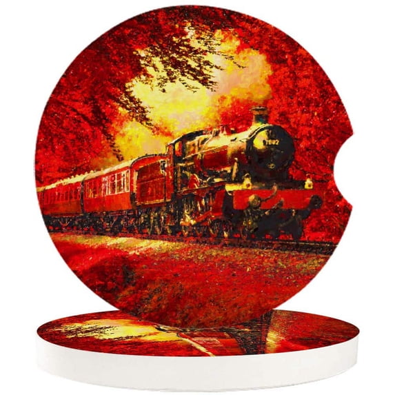 FMSHPON Red Retro Train Oil Painting Texture Set of 6 Car Coaster for Drinks, Absorbent Ceramic Stone Coasters Cup Mat with Cork Base for Home Kitchen Room Coffee Table Bar Decor
