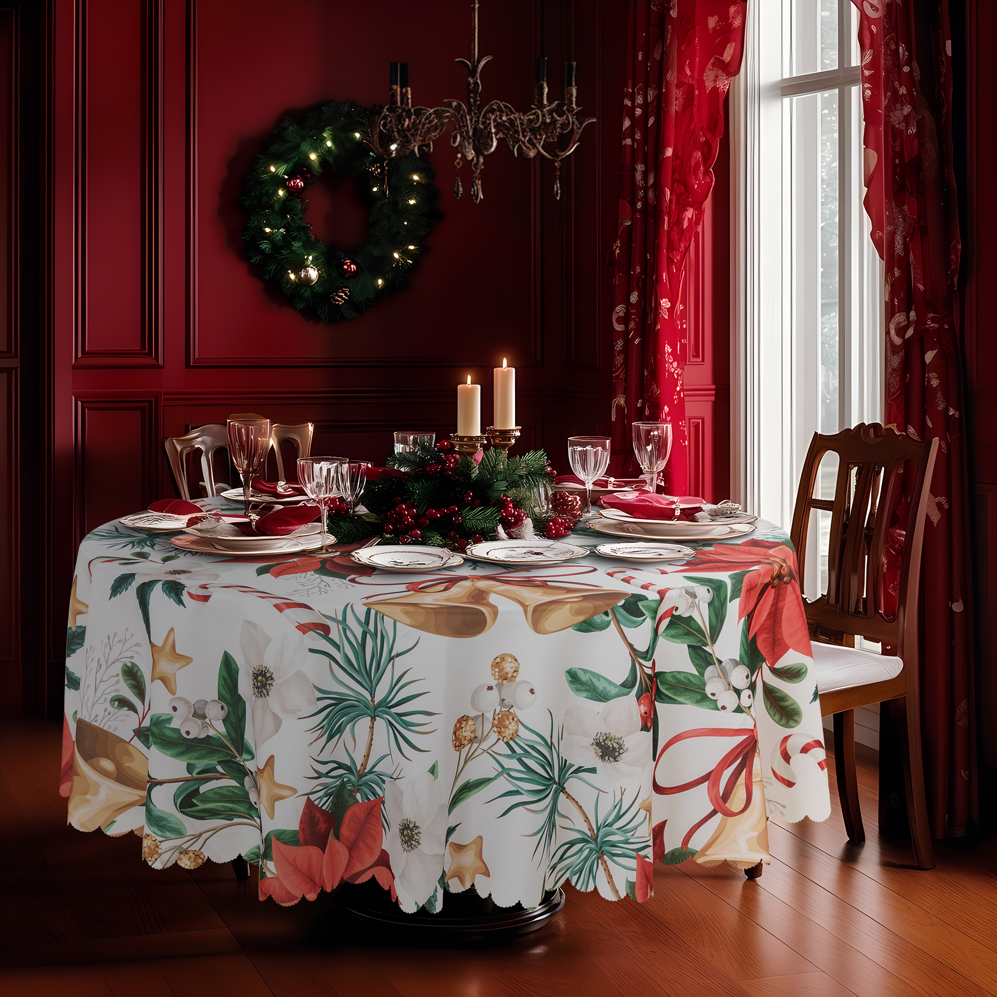 RAY STAR Polyester Christmas Tablecloth 60 inch Round Machine Washable Table Cloths, Thick Can not See Through Heavy Duty Tablecloth