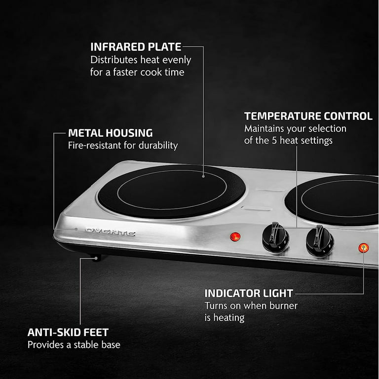 OVENTE Countertop Infrared Double Burner, 1700W Electric Hot Plate and  Portable Stove with 7.75 and 6.75 Ceramic Glass Cooktop, 5 Level  Temperature Setting and Easy to Clean Base, Silver BGI102S 