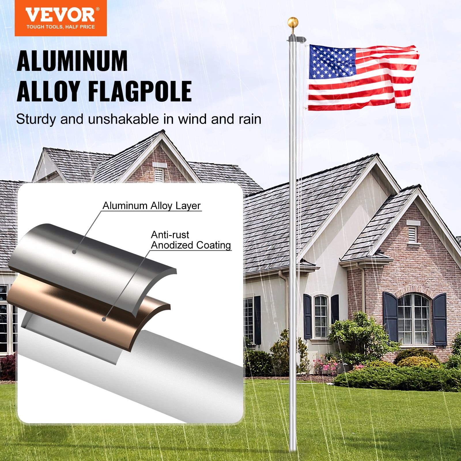 VEVOR 25FT Sectional Flag Pole Kit, Heavy Duty Aluminum Alloy in Ground Flag Poles for Outside, 3 Display Modes Flagpole with 3x5 American Flag, Professional Accessories, Silver