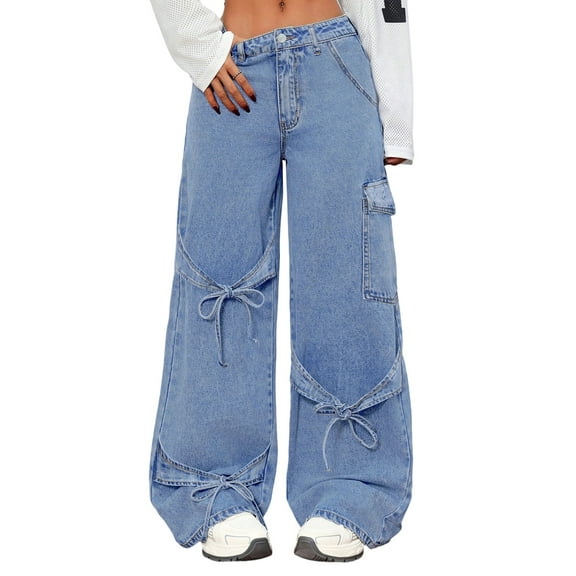WULMLEO Baggy Jeans for Women Low Waisted Wide Straight Leg Bow Jeans Denim Pants Light Blue M
