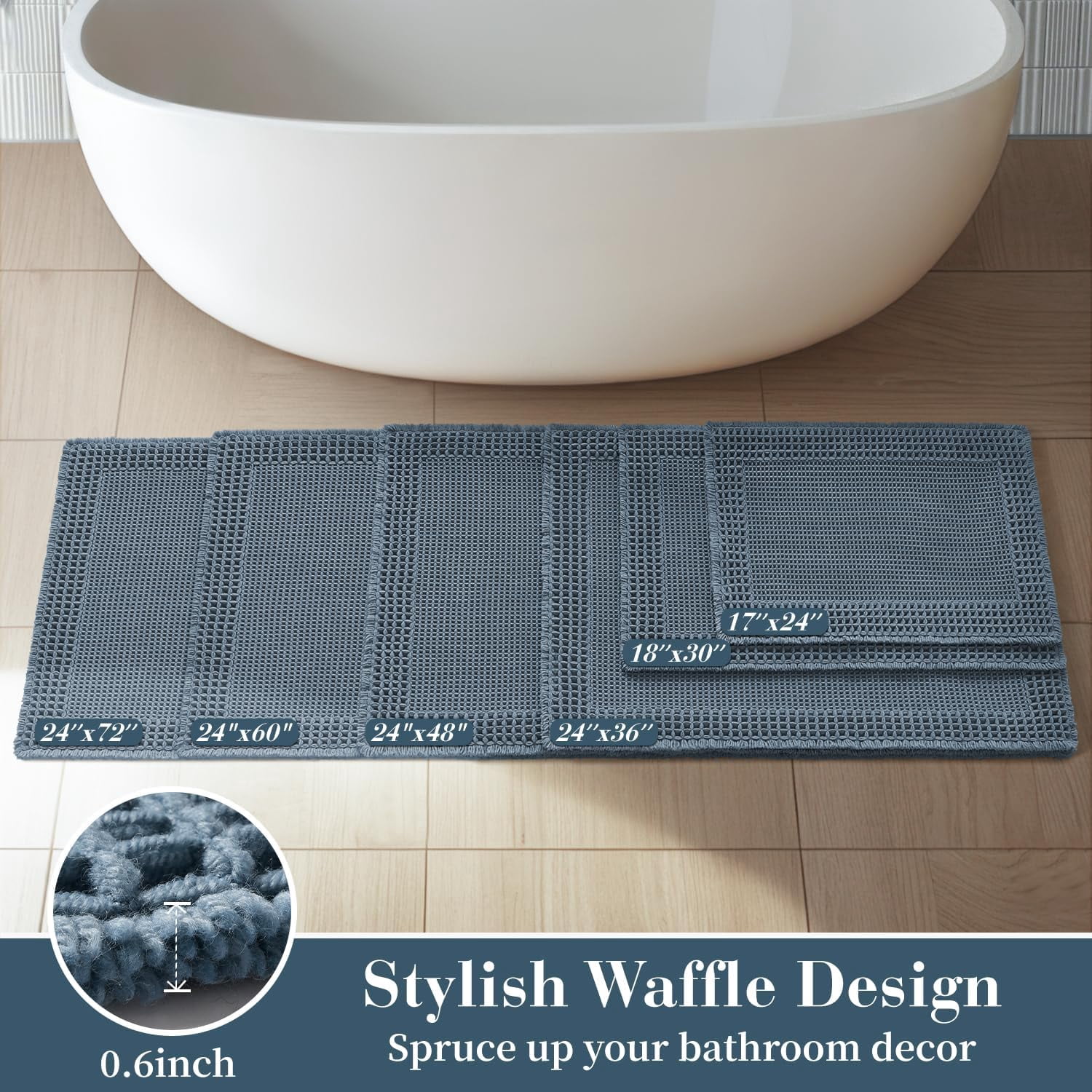 Waffle Bathroom Runner Rugs, Super Absorbent Bath Mat Non Slip Washable Quick Dry, Upgraded Ultra Soft Boho Bath Rugs with Tassels, Farmhouse Home Decor Accessories, 2'x5'(24"x60") Blue