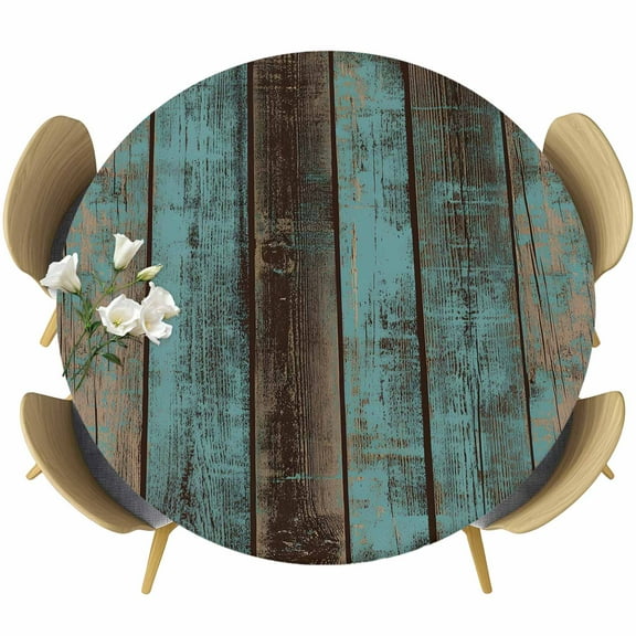 Teal Wood Grain Round Fitted Table Cover Farmhouse Board Retro Vintage Strip Waterproof Table Cloth with Elastic Edge Wipeable Tablecloth for Picnic Camping Party Fits 36"-44" Diameter