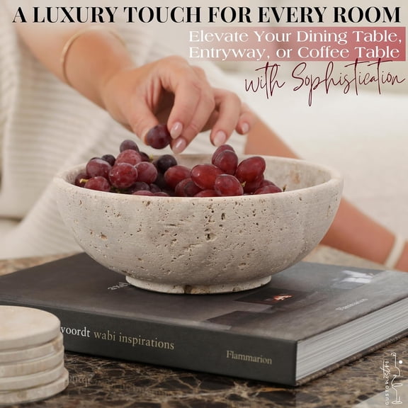 8" Decorative Travertine Bowl for Coffee Table - Elegant Centerpiece, Aesthetic Fruit Bowl for Kitchen Counter - Heavy Stone Entryway Catch all, Jewelry, Potpourri - Travertine Decor