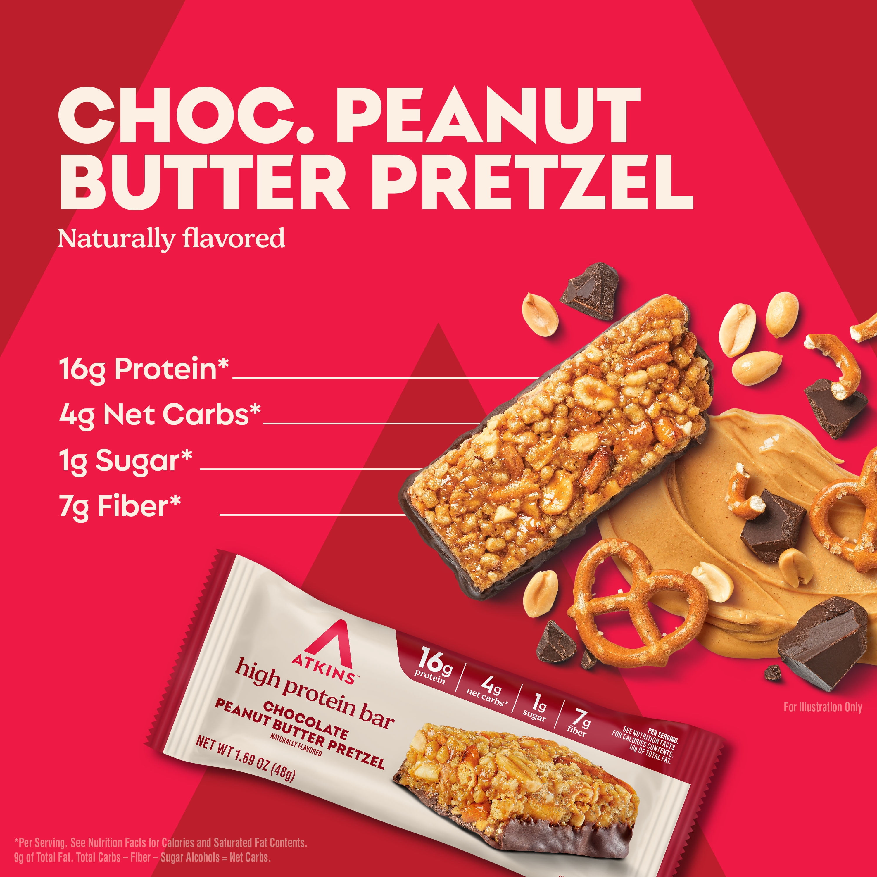 Atkins High Protein Bars, Chocolate Peanut Butter Pretzel Flavored, 16g Protein, 1g Sugar, 4 Count