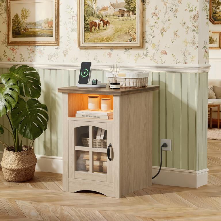 Homall Nightstand with Charging Station & Adjustable LED Lights, End Table Bedside Table with Glass Door & Open Shelf for Bedroom Living Room, Natural