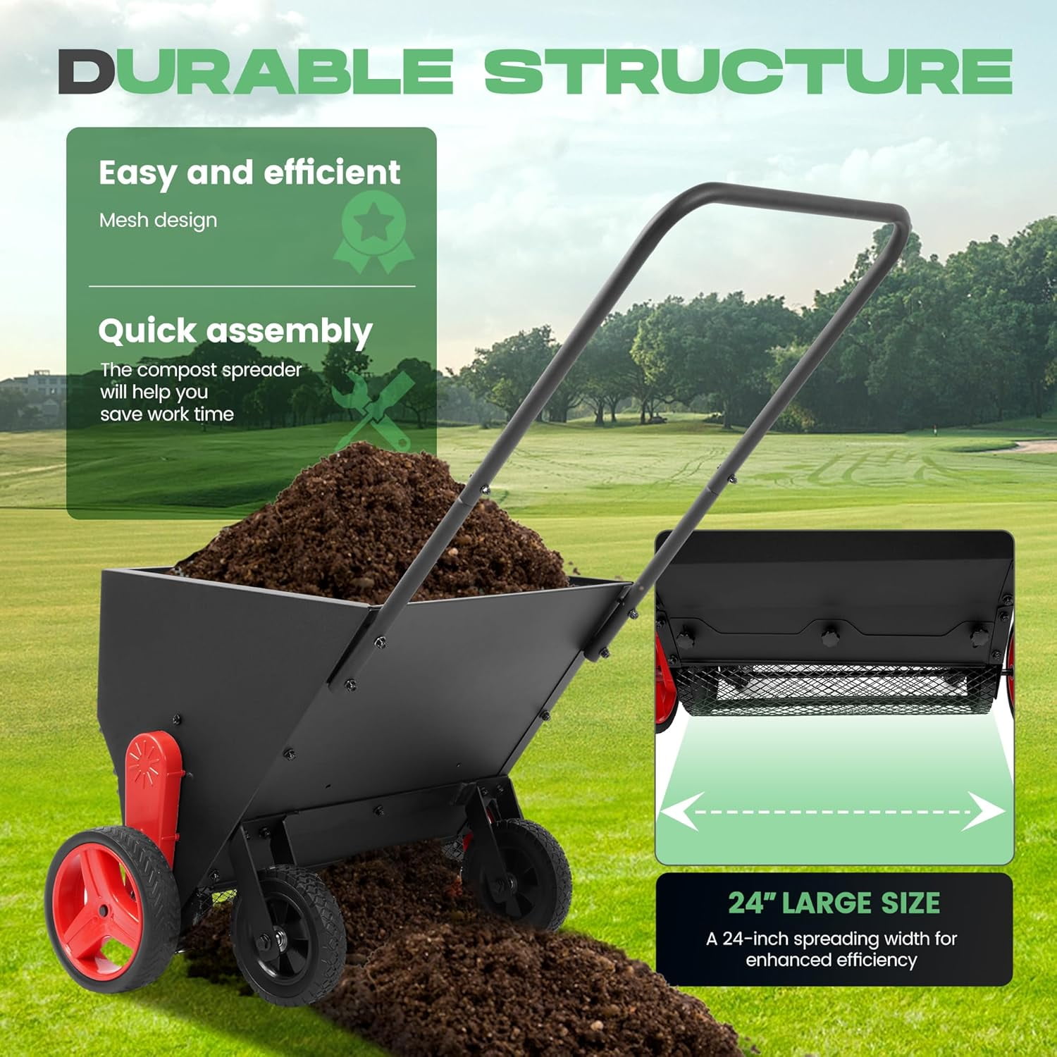 Kojem Compost Spreader W/Handle, 4 Wheels, Adjustable Rate Suitable for Lawn, Farm, Landscraping, Lawn Drop Spreader, Topdresser Push Garden Seeder Garden Tool Cart for Fertilizer, Grass, Seed