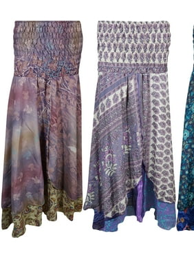 Mogul Womens Vintage Sari Two Layer Printed 2 In 1 Dress and Maxi Skirts Wholesale lot of 3 pcs