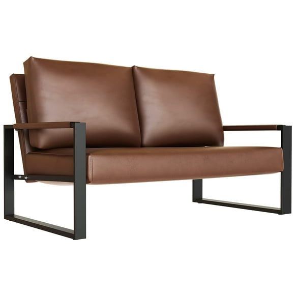 DKLGG Mid-Century Loveseats Sofa Couch, Faux Solid Leather Loveseat Sofa, Upholstered Faux Leather Couch 2-Seat Metal Armchair, Lounge Accent Chair for Living Room, Small Space, Studio, Apartment
