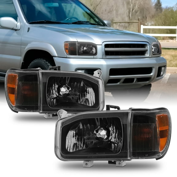AKKON - Fit 1999 2000 2001 2002 2003 2004 Nissan Pathfinder 99-04 Halogen Type w/Corner 4pcs Headlights Headlamp OE Style Black