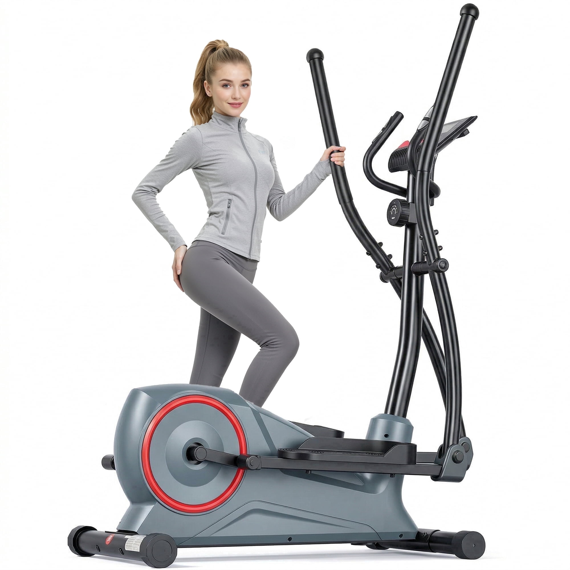 Naipo 8 Levels Magnetic Resistance Elliptical Trainer with LCD Monitor & Pulse Quiet Compact Elliptical with Transport Wheels for Home Gym