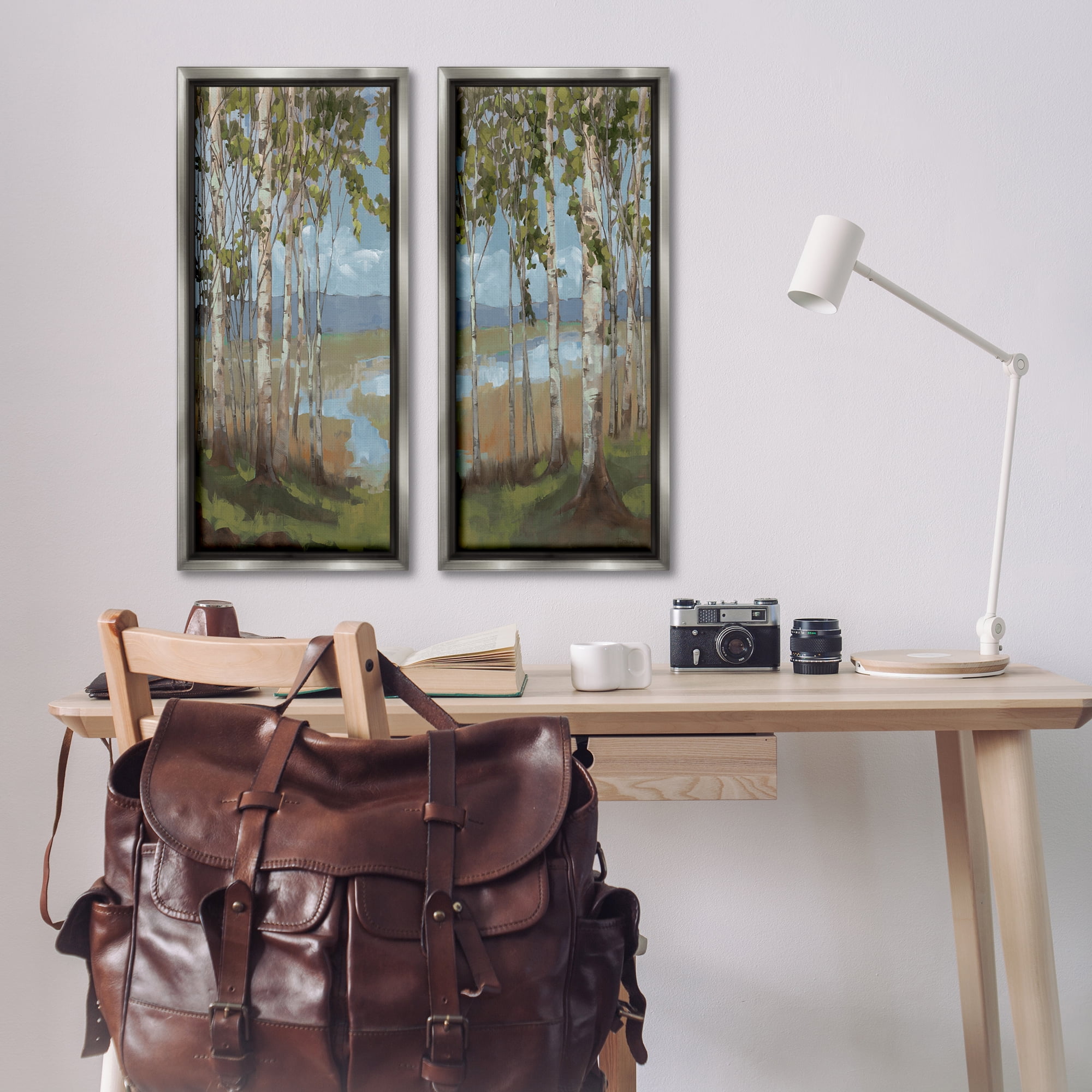 Stupell Industries White Birch Copse of Trees Landscape & Nature Painting Gray Floater Framed Canvas Art Print Wall Art, 14 x 31, Set of 2