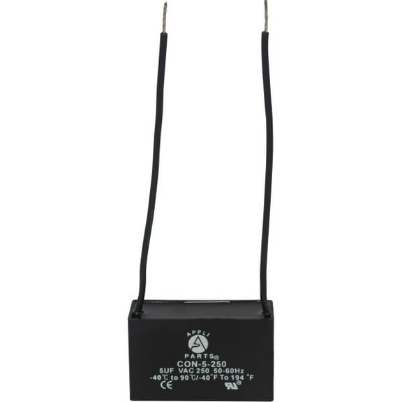 Appli Parts Fan Capacitor 5 mfd (microfarads) uf 250 VAC with 2 Wire Terminal Connections compatible with any brand with same capacitance 1-7/8in Width 3/4in Depth 1-1/8in Height CAP-5-250-2C