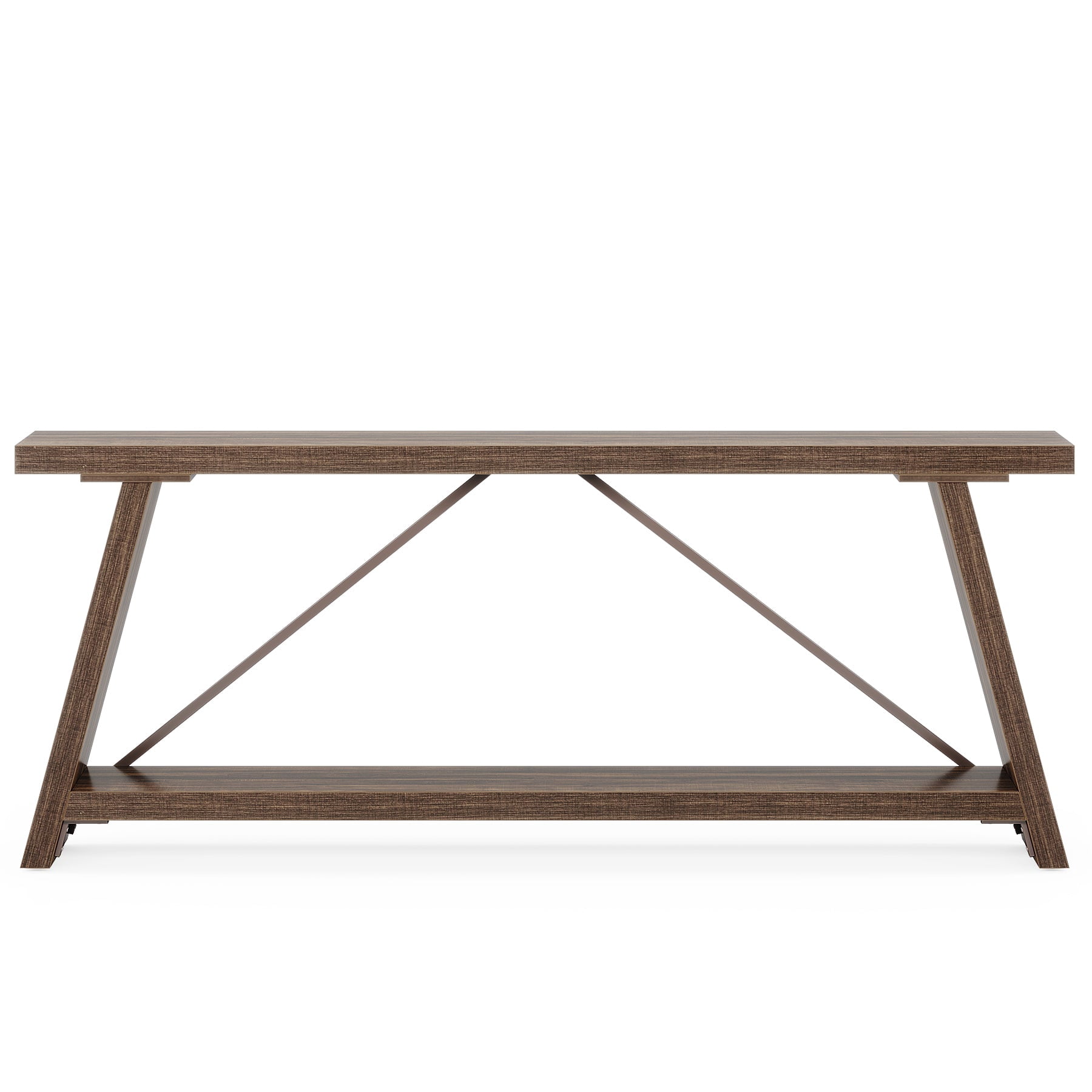 Fnova 70.87" Farmhouse Console Table for Entryway, 2-Tier Storage Long Narrow Wood Entryway Table, Metal Frame, Easy Assembly, Dark Brown