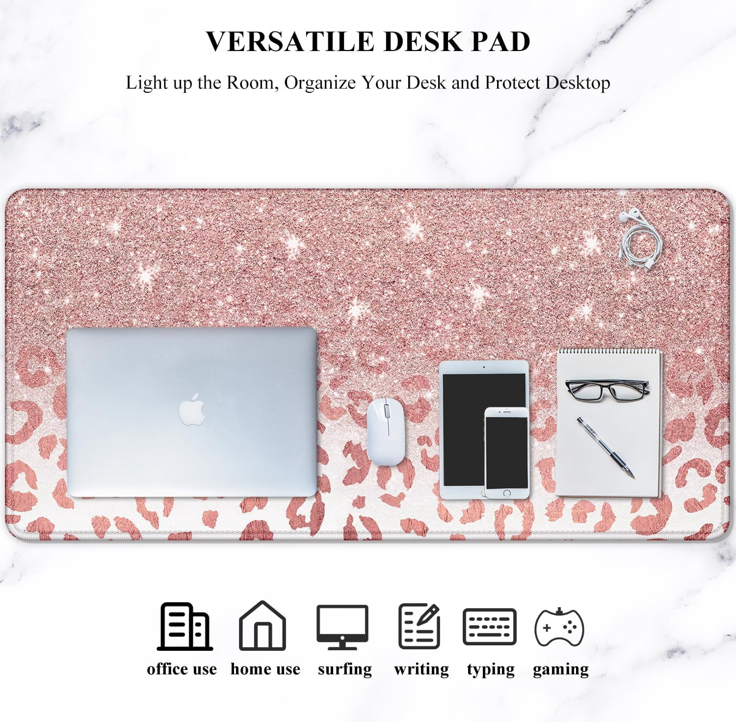 Large Mouse Pad, XXL Desk Pad, Extened 35" x 15", Non-Slip Rubber Base, Stitched Edges, Superior Surface, Waterproof Keyboard Mat, Large Mousepad for Gamer, Office & Home, Pink Gold Leopard