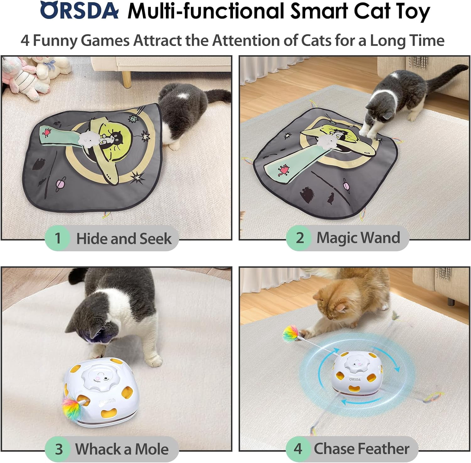 ORSDA Cat Toys Rechargeable, 4in 1 Interactive Kitten Toy for Indoor Cats, Automatic Hide and Seek Self Play Cat Feather Wand Toy with Smart Sensing, Whack a Mole, Chase Feather for All Breeds