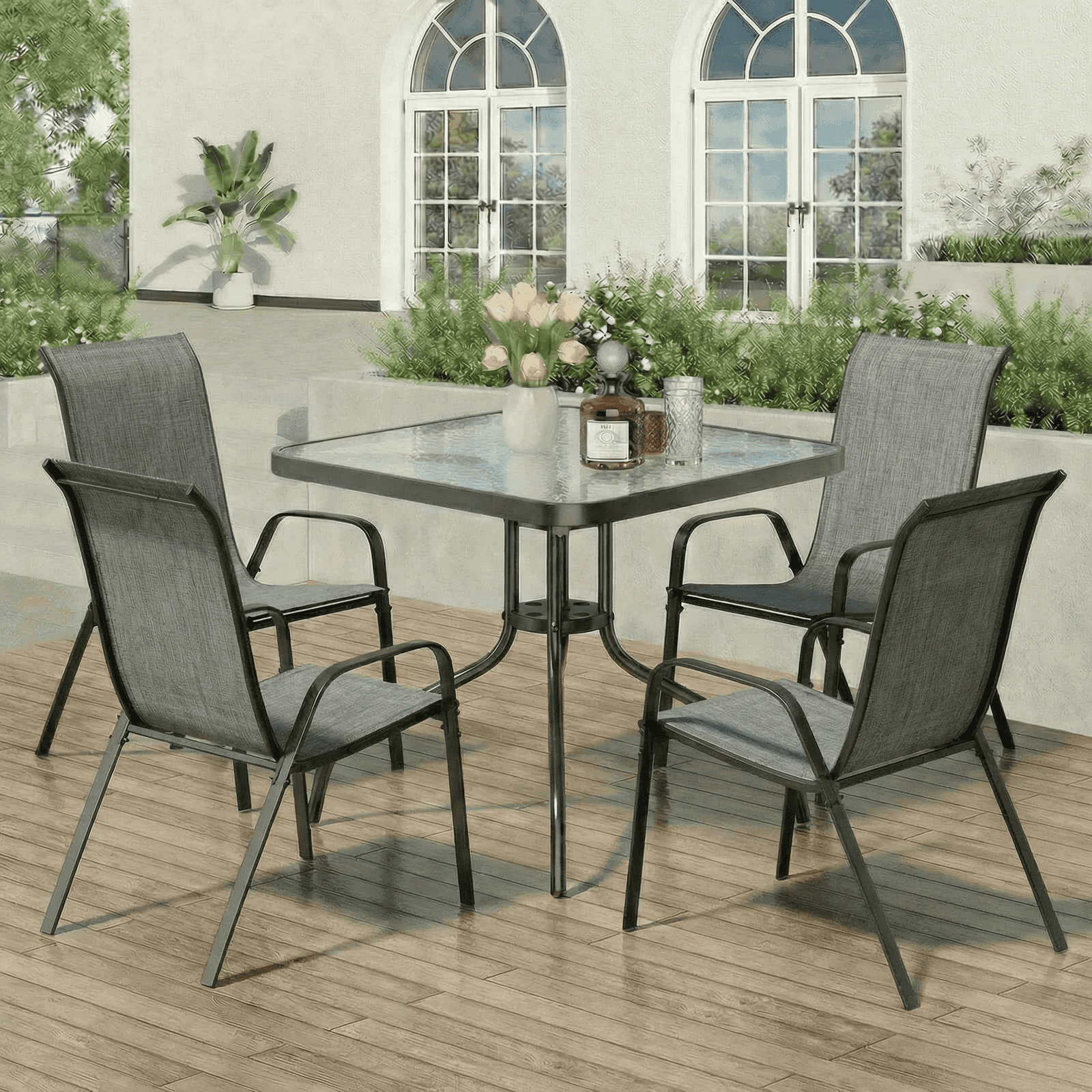 4 piece patio set with umbrella Kozyard Butterfly 15' Outdoor Double-Sided Aluminum Crank Base Kozyard LLC Chairs come fully assembled Outdoor Patio Umbrella - Patio