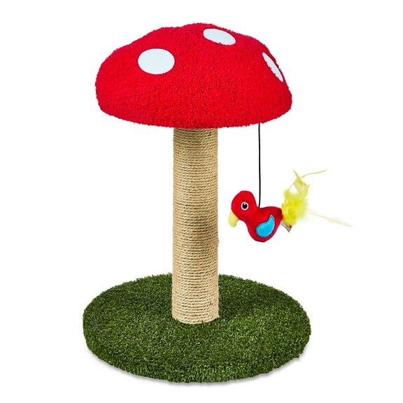 Vibrant Life Deluxe Jute Mushroom Cat Scratching Post with Dangling Bird Toy, Multicolor