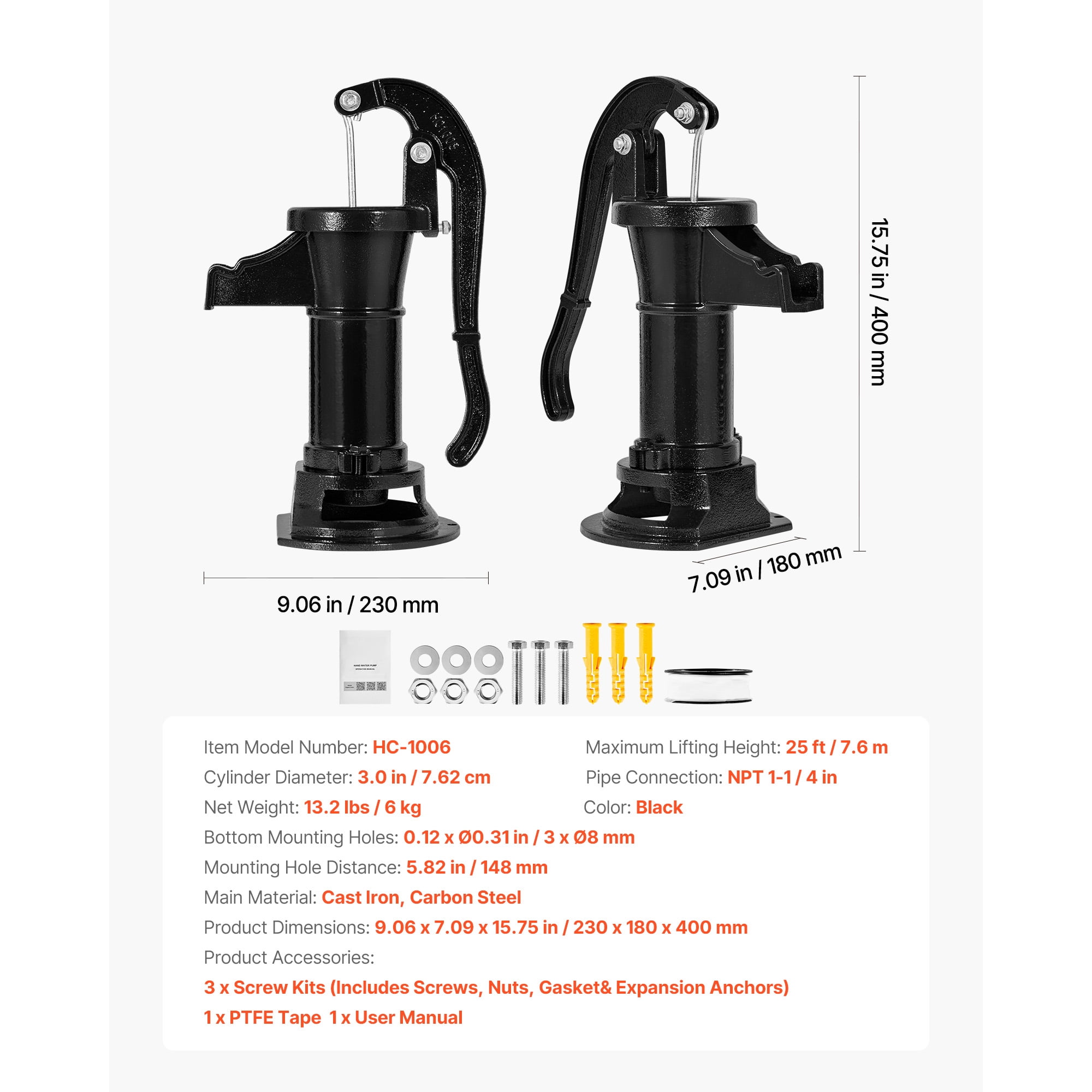 KFFKFF Cast Iron Hand Well Pump, 25 ft Max Lift, Antique  Pitcher Pump with 1-1/4 in NPT Connection, Manual Water Pump for Outdoor Gardens, Ponds, Backyards, and Farms, Black