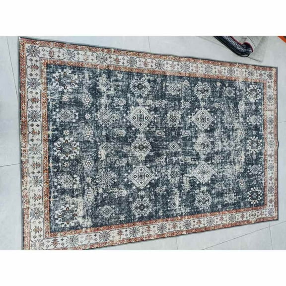 Yesfashion Carpets Area Rugs Washable 1150Gsm Velvet Pearl Velvet Washed Back Folding Printed Carpet Xk-Persian-Elegant And Interesting Black tone 5*7ft
