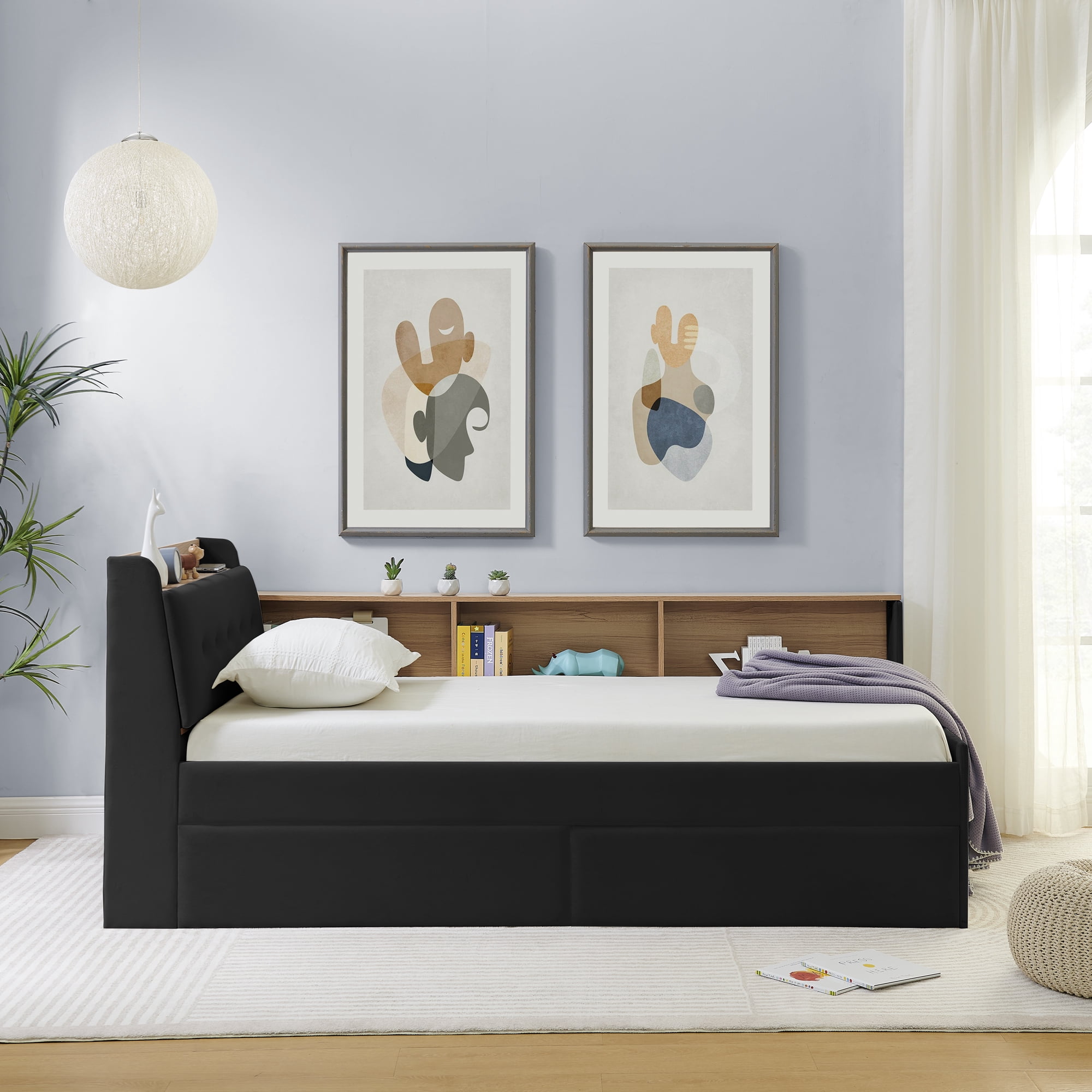 Leumius Corner Twin Size Bed Frame with Storage Headboard and Bookcase,Upholstered Daybed with Two Storage Drawers,LED Lights,Wireless Charging,Black
