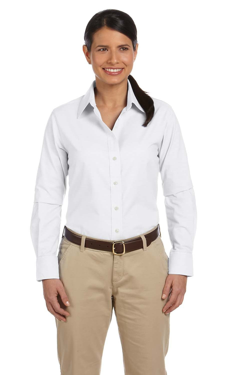 The Harriton Ladies Long Sleeve Oxford Shirt with Stain-Release - WHITE ...