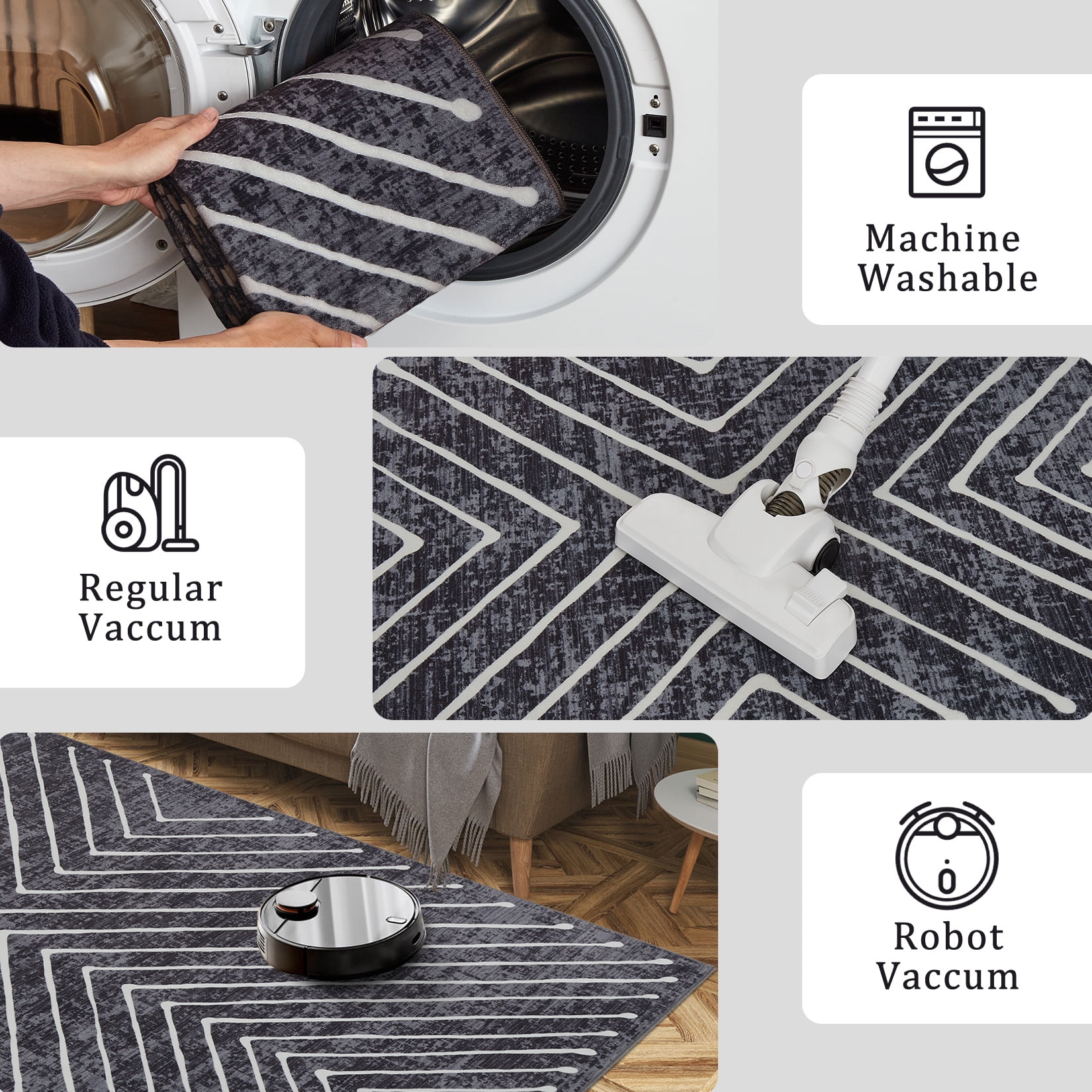 FairOnly 9'x12'Modern Area Rug with Symmetrical Fine Lines Machine Washable Low Pile Non-Slip Geometric Rugs for Living Room Bedroom，Dark Grey