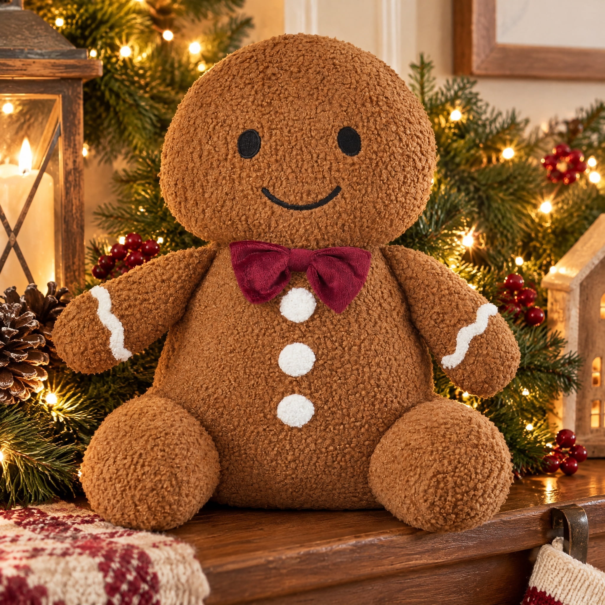 My Texas House Gingerbread Man Decorative Christmas Pillow, Brown and White, 14" x 8.5"