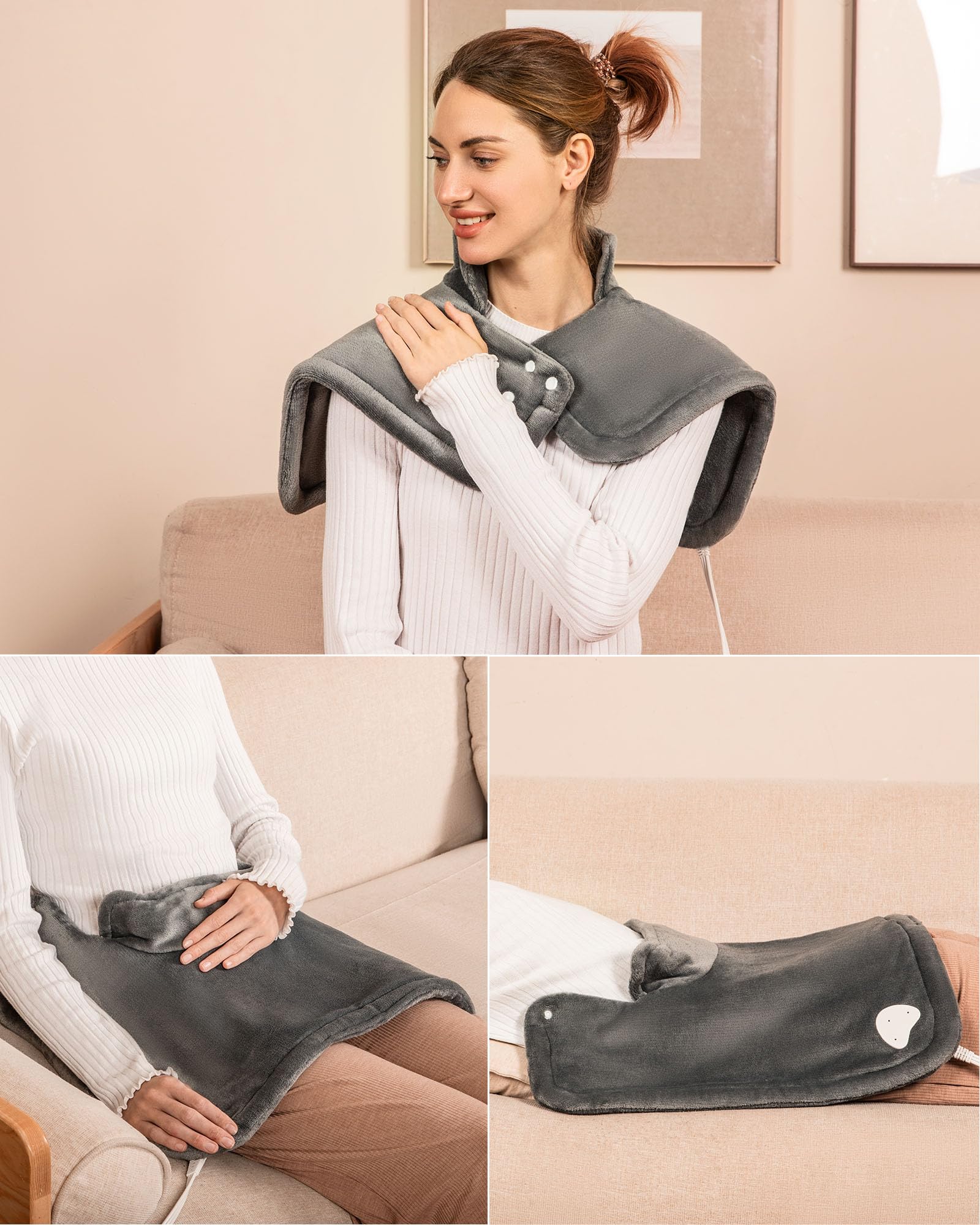 Heating Pad for Neck and Shoulders Pain Relief Cramps ALLJOY, 25"x18" Skin-Friendly Heated Neck Wrap 3 Fast Heat Setting with Auto Shut Off for Home and Office, Machine Washable, Gray