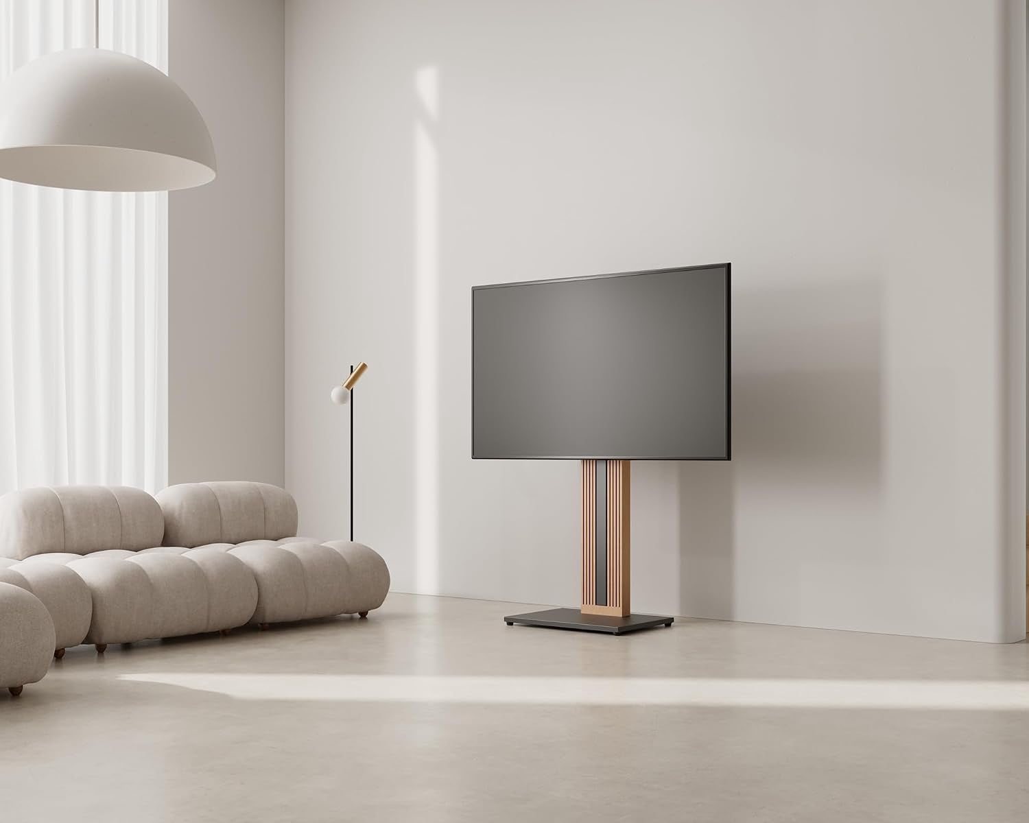 FITUEYES Zen Series Floor TV Stand for 32–65 Inch TVs, Black & Light Wood, Hidden Storage