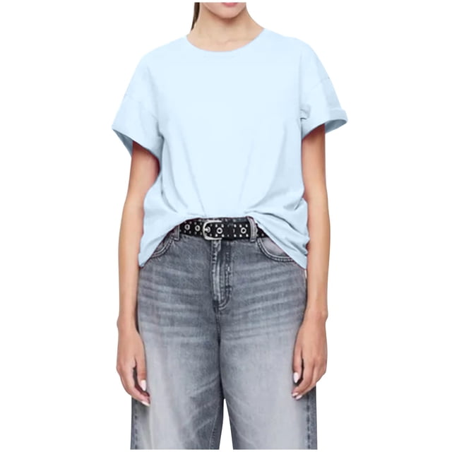 Camisetas de Cuello en V de Algodón de Mujer de Manga Corta de Ajuste Suelto, Camisa de Cuello Redondo de Color Sólido de Moda