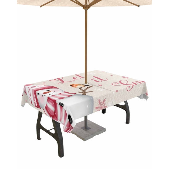 Boanket Outdoor Tablecloth with Umbrella Hole for Patio/Picnic/Party/Camping, Pink Christmas Snowman Waterproof Table Cloth Rectangle Table Cover Washable, Xmas Snowflake Birds (52"x 70")