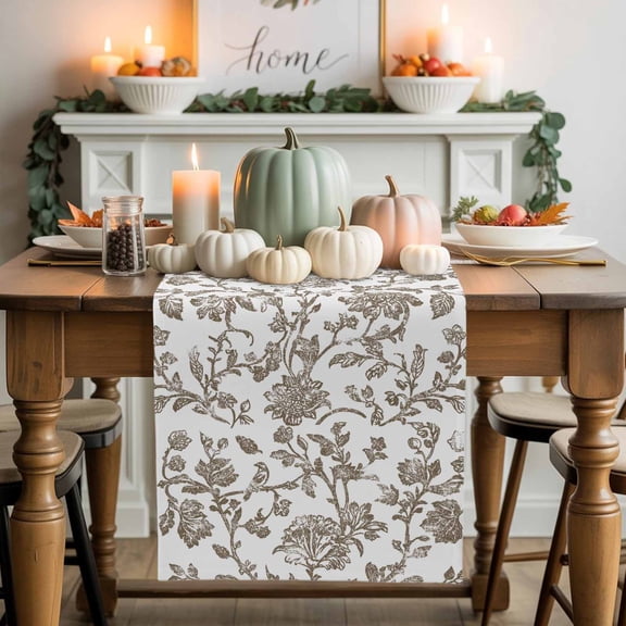 Vintage Brown Floral Cotton Linen Table Runner, Washable Table Runners for Kitchen, Dining Room, Holiday, Home Party Table Decor, 13x120 Inches