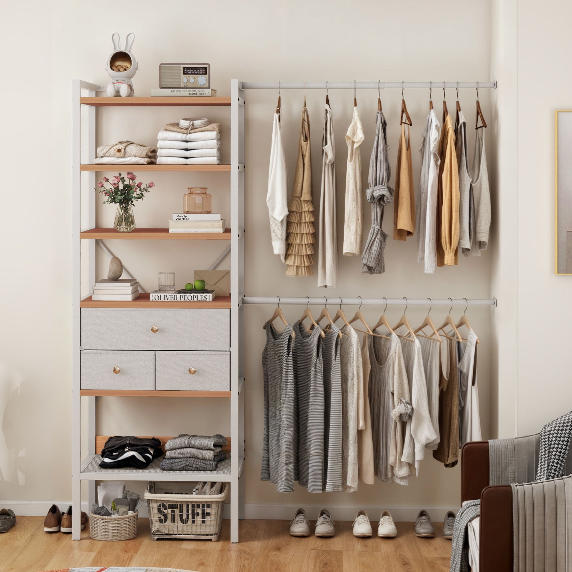Uforic Closet System,Clothes Rack with 3 Drawers, Heavy Duty Garment Rack for Cloakroom Bedroom, White