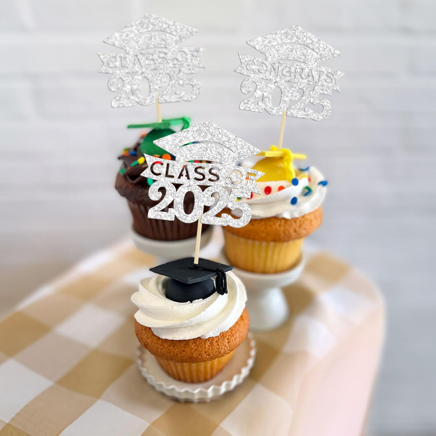 36Pcs 2025 Graduation Cap Cupcake Toppers 2025 Silver Glitter Class of 2025 Cupcake Picks 2025 Graduation Theme Party Cake Decorations
