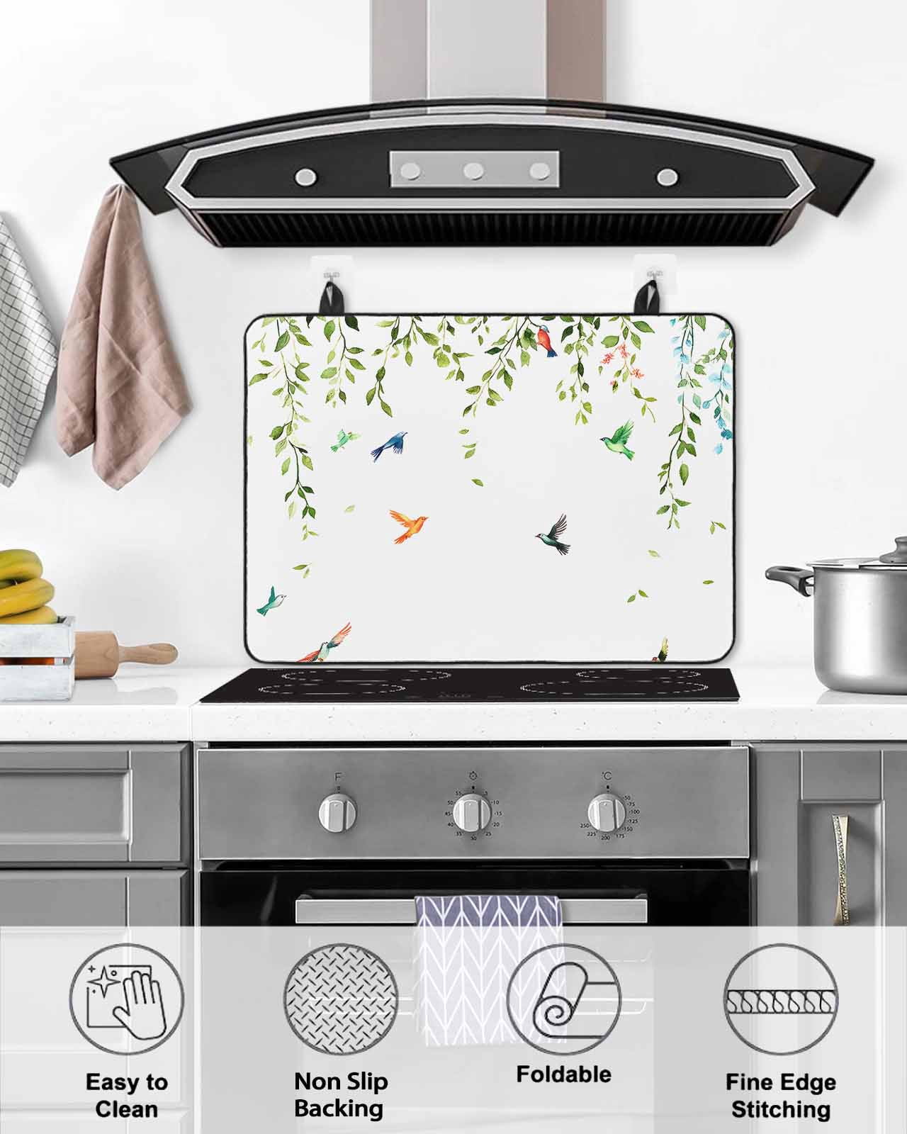 nqOlkjepod Large Induction Cooktop Protector Mat 24"x21", Eucalyptus Leaves Stove Top Covers for Electric Stove, Spring Green Birds Botanical Stove Burner Cover Mats, Glass Top Stove Cover