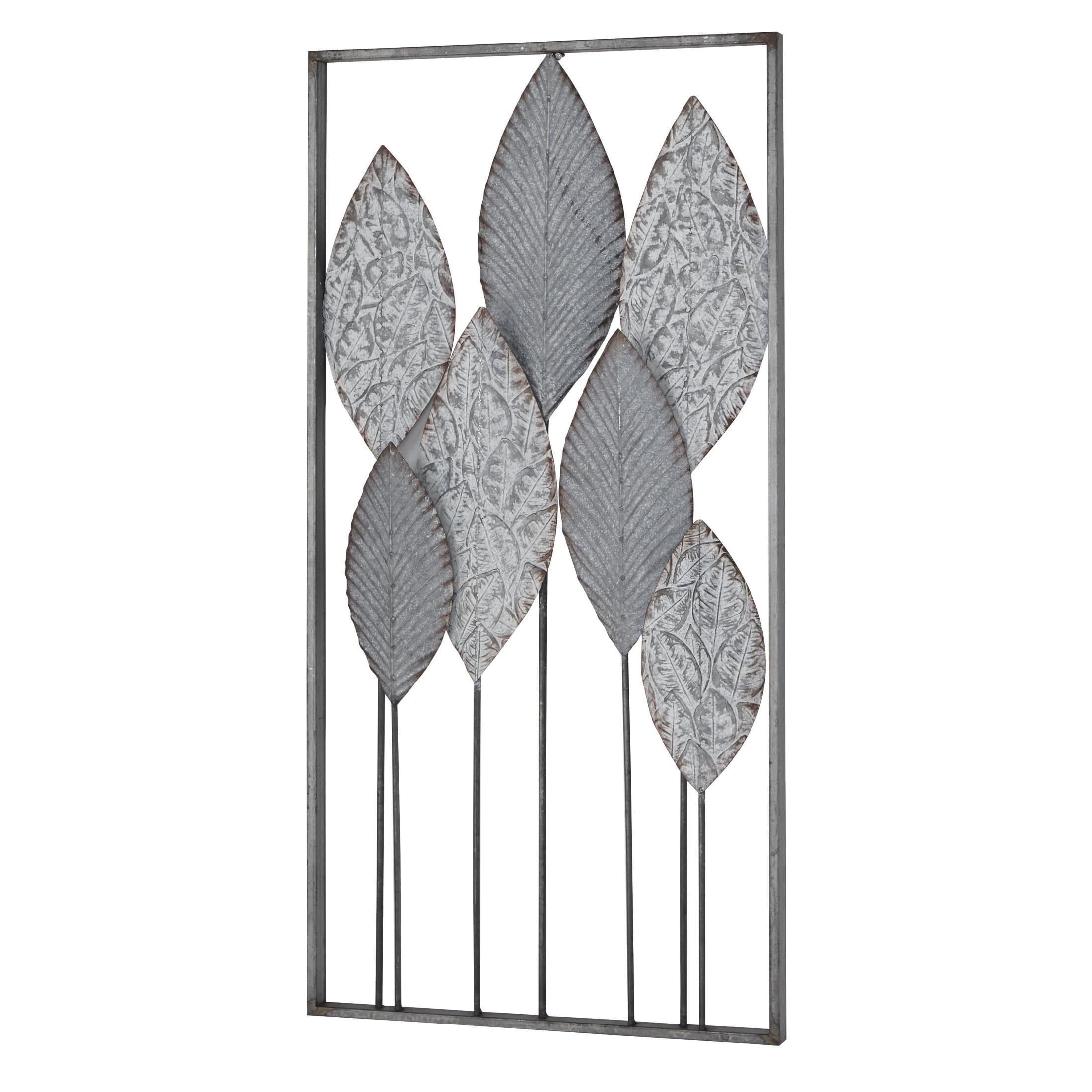 DecMode Gray Metal Tall Cut-Out Leaf Wall Decor with Intricate Laser Cut Designs