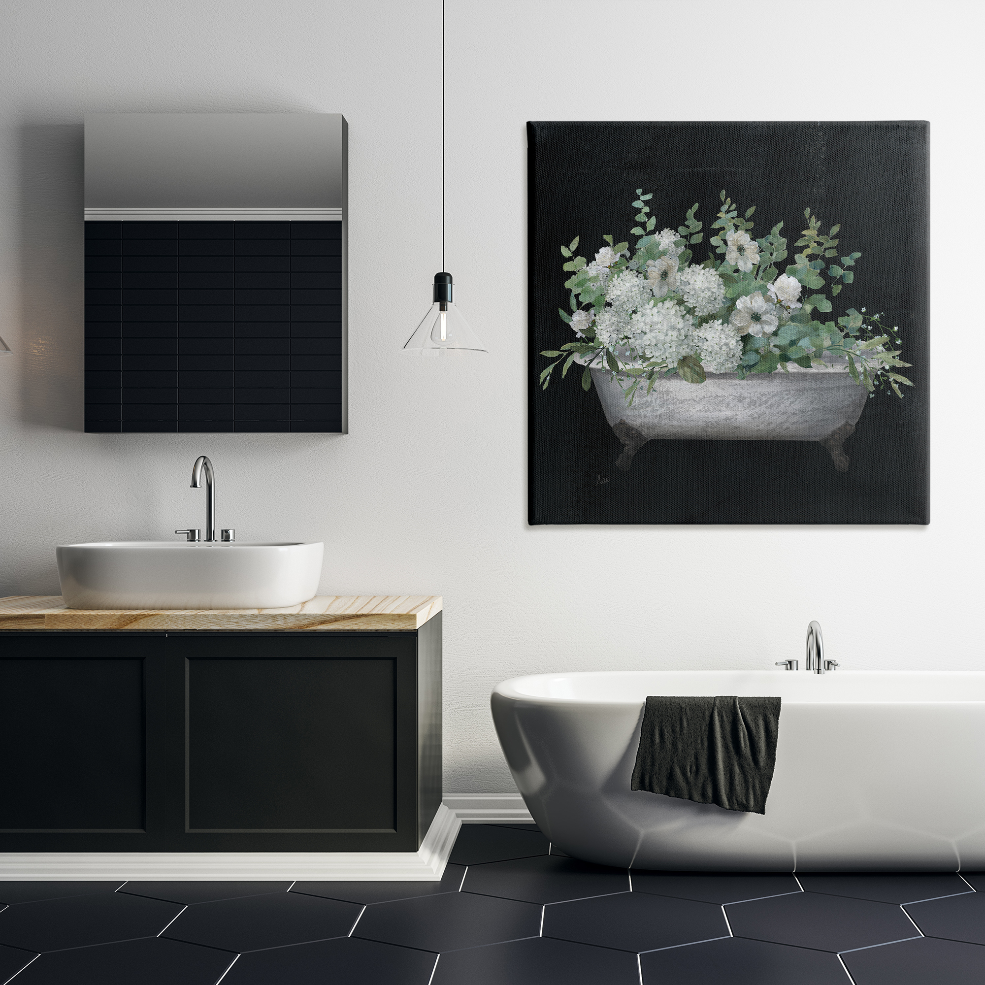 Stupell Industries Floral Bath on Black Typography Painting Gallery Wrapped Canvas Art Print Wall Art, 36 x 36