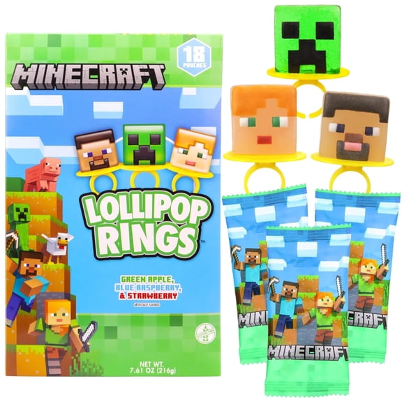 Minecraft Lollipop Rings, Individually Wrapped, Birthday Party Favors, 18 Count